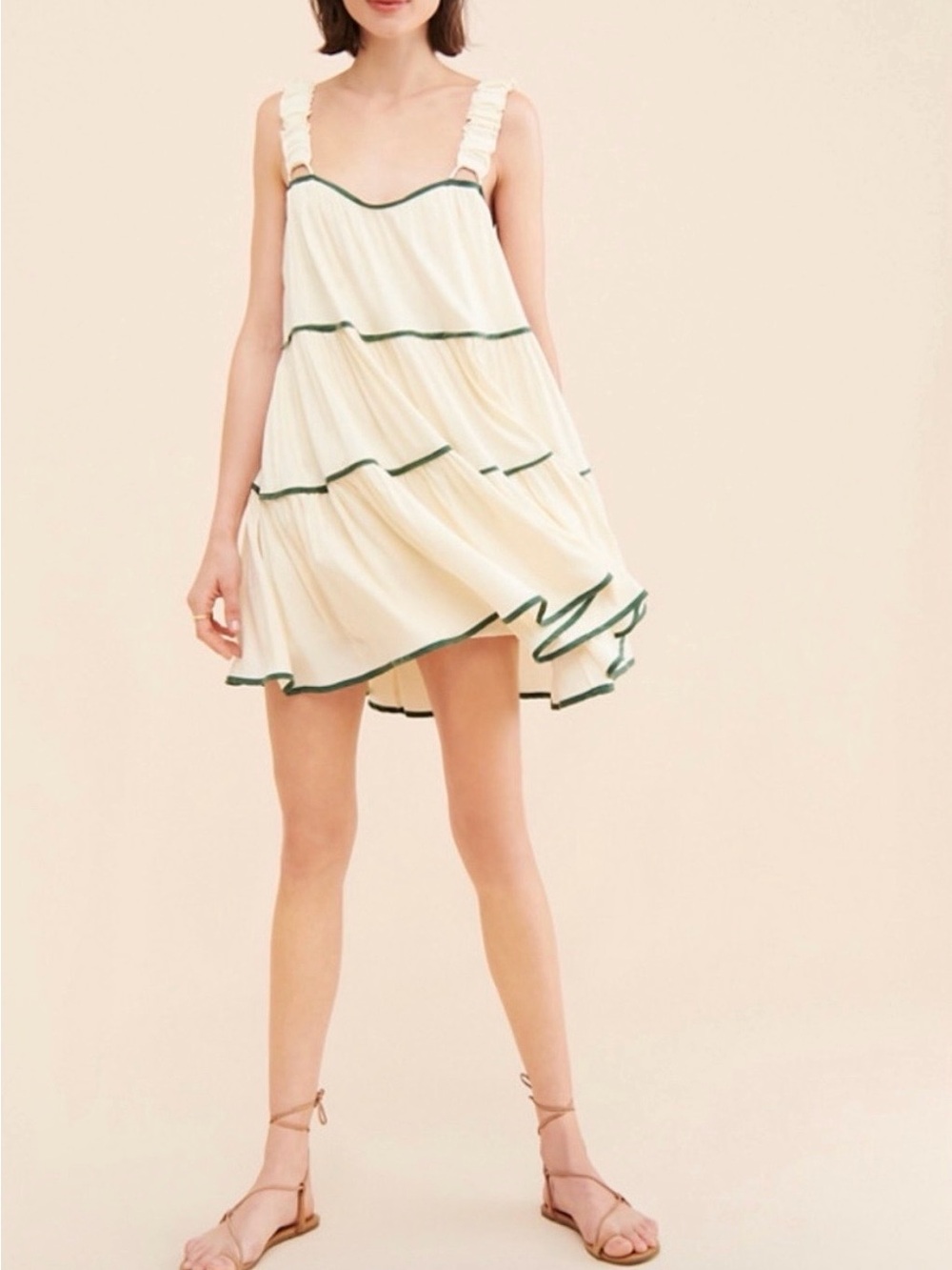 Revolve-Sancia Azealia mini Cream Tiered Dress with Dark Green Trim (Bin B1)